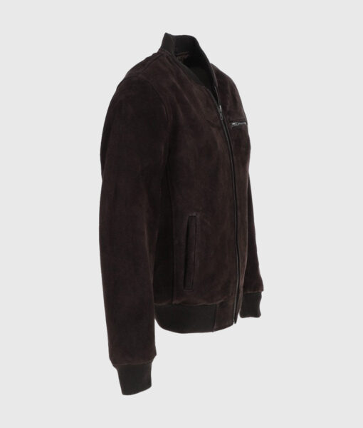 Trevor Mens Dark Brown Bomber Suede Leather Jacket - Right Side View