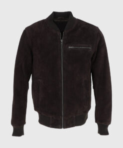 Trevor Mens Dark Brown Bomber Suede Leather Jacket - Front View