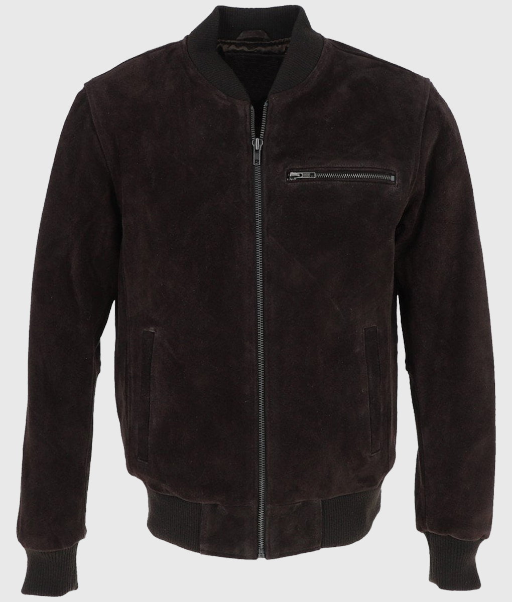 Trevor Mens Dark Brown Bomber Suede Leather Jacket