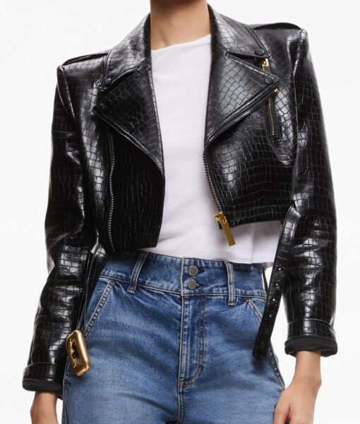 Vanessa Morgan Wild Cards Max Mitchell Black Cropped Leather Jacket - Black Cropped Leather Jacket - Front View2