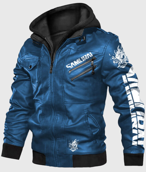 cyberpunk 2077 Blue Samurai Jacket - Men's Blue Leather Jacket - Front View