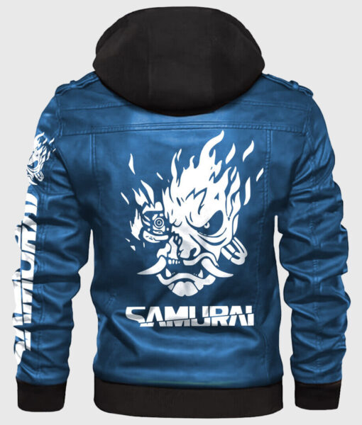 cyberpunk 2077 Blue Samurai Jacket - Men's Blue Leather Jacket - Back View