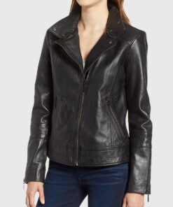 Abigail Black Biker Leather Jacket - Front View 1