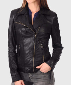 Ava Black Double Rider Biker Leather Jacket - Front View