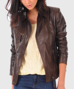 Ava Brown Double Rider Biker Leather Jacket - Front Open View