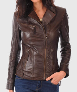 Ava Brown Double Rider Biker Leather Jacket - Front View