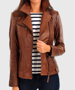 Ava Tan Double Rider Biker Leather Jacket - Front Open View