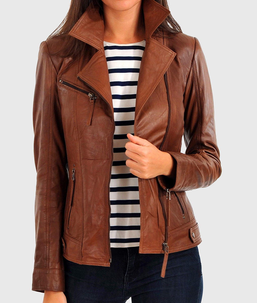 Ava Tan Double Rider Biker Leather Jacket for Women