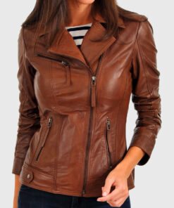 Ava Tan Double Rider Biker Leather Jacket - Front View