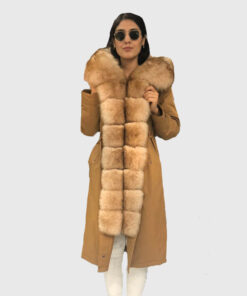 Belphoebe Women's Brown Real Fox Fur Hooded Coat - Brown Real Fox Fur Hooded Coat For Women - Front View