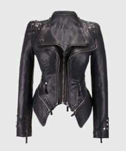 Camila Black Studded Biker Leather Jacket - Front View