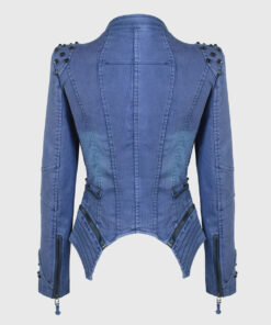 Camila Blue Studded Biker Leather Jacket - Back View