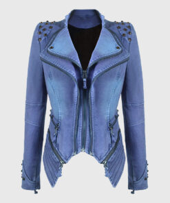 Camila Blue Studded Biker Leather Jacket - Front View
