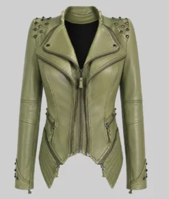 Camila Green Studded Biker Leather Jacket-Front