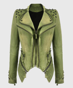 Camila Green Studded Biker Leather Jacket - Front View