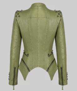 Camila Green Studded Biker Leather Jacket-Back