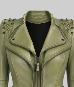 Camila Green Studded Biker Leather Jacket-Zoom
