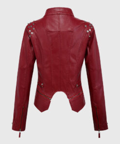 Camila Red Studded Biker Leather Jacket - Back View