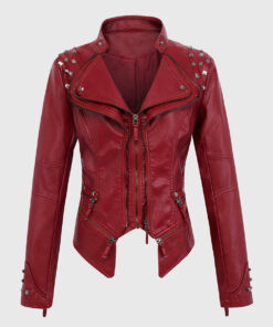 Camila Red Studded Biker Leather Jacket - Front View