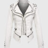 Camila White Studded Biker Leather Jacket - Front View