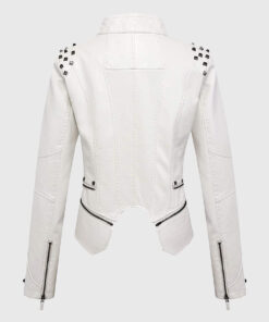 Camila White Studded Biker Leather Jacket - Back View