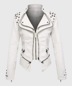Camila White Studded Biker Leather Jacket - Front View