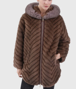 Celestia Women's Brown Hooded Real Fox Fur Coat - Brown Hooded Real Fox Fur Coat For Women - Close Front View