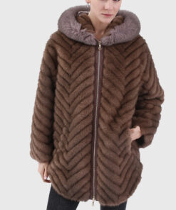 Celestia Women's Brown Hooded Real Fox Fur Coat - Brown Hooded Real Fox Fur Coat For Women - Close Front View