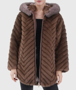Celestia Women's Brown Hooded Real Fox Fur Coat - Brown Hooded Real Fox Fur Coat For Women - Open Front View