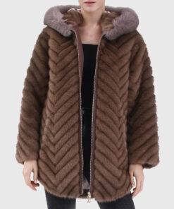 Celestia Women's Brown Hooded Real Fox Fur Coat - Brown Hooded Real Fox Fur Coat For Women - Open Front View