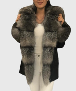 Cressida Women's Black Real Fox Fur Hooded Coat - Black Real Fox Fur Hooded Coat For Women - Front View
