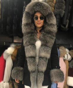 Cressida Women's Black Real Fox Fur Hooded Coat - Black Real Fox Fur Hooded Coat For Women - Front Hood View
