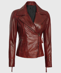 Dame Red Double Rider Biker Leather Jacket - Front View
