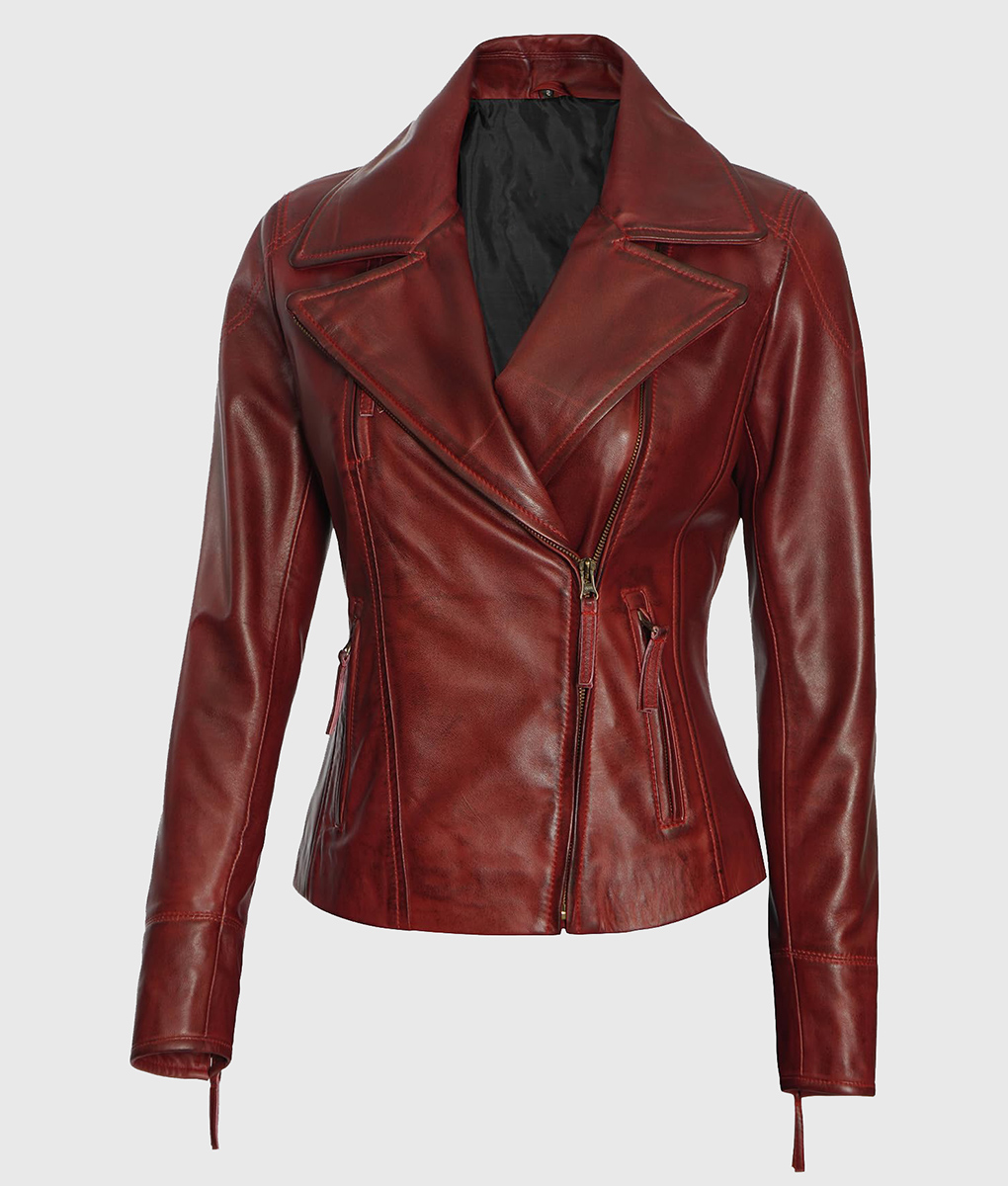 Dame Red Double Rider Biker Leather Jacket for Women