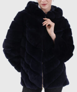 Daphne Women's Black Hooded Real Chinchilla Fur Jacket - Black Hooded Real Chinchilla Fur Jacket For Women - Front Close View