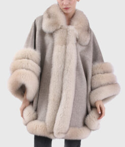 Delphine Women's Brown Real Alpaca Fur Cape - Brown Real Alpaca Fur Cape For Women - Open Close View