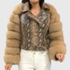 Diantha Women's Brown Real Fox Fur Trim Jacket - Brown Real Fox Fur Trim Jacket For Women - Front View