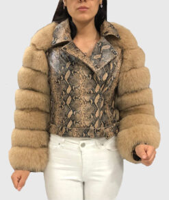 Diantha Women's Brown Real Fox Fur Trim Jacket - Brown Real Fox Fur Trim Jacket For Women - Front View