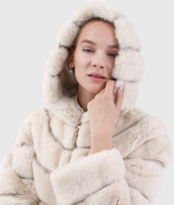 Elara Women's White Hooded Real Rex Rabbit Fur Jacket - White Hooded Real Rex Rabbit Fur Jacket For women - Hood View