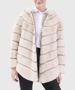 Elara Women's White Hooded Real Rex Rabbit Fur Jacket - White Hooded Real Rex Rabbit Fur Jacket For women - Front open View