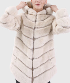 Elara Women's White Hooded Real Rex Rabbit Fur Jacket - White Hooded Real Rex Rabbit Fur Jacket For women - Front Close View