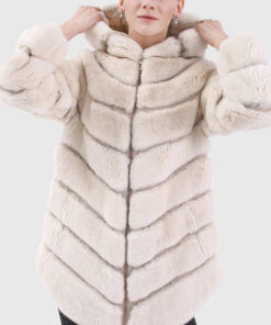 Elara Women's White Hooded Real Rex Rabbit Fur Jacket - White Hooded Real Rex Rabbit Fur Jacket For women - Front Close View