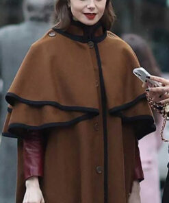 Emily In Paris Lily Collins Cape Coat - Emily In Paris Lily Collins Brown Cape Coat - Front VIew3