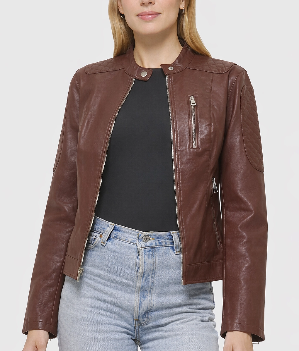 Emma Brown Quilted Moto Cafe Racer Biker Jacket | Women's Brown Quilted Moto Cafe Racer Biker Jacket-3