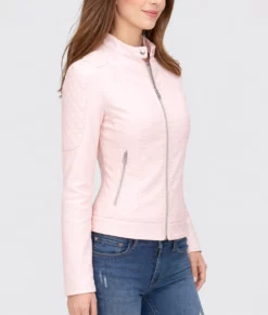 Emma Pink Quilted Moto Cafe Racer Biker Jacket | Women's Pink Quilted Cafe Racer Biker Jacket-4