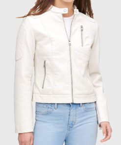 Emma White Quilted Moto Cafe Racer Biker Jacket - Front View