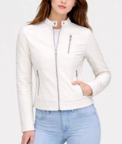 Emma White Quilted Moto Cafe Racer Biker Jacket | Women's White Quilted Moto Cafe Racer Biker Jacket-4