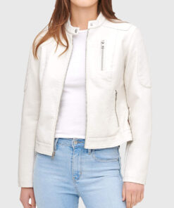 Emma White Quilted Moto Cafe Racer Biker Jacket - Front Open View