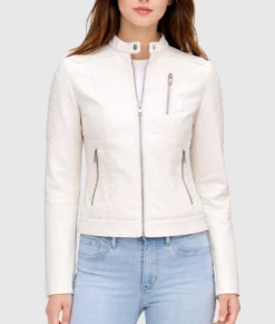 Emma White Quilted Moto Cafe Racer Biker Jacket | Women's White Quilted Moto Cafe Racer Biker Jacket-5