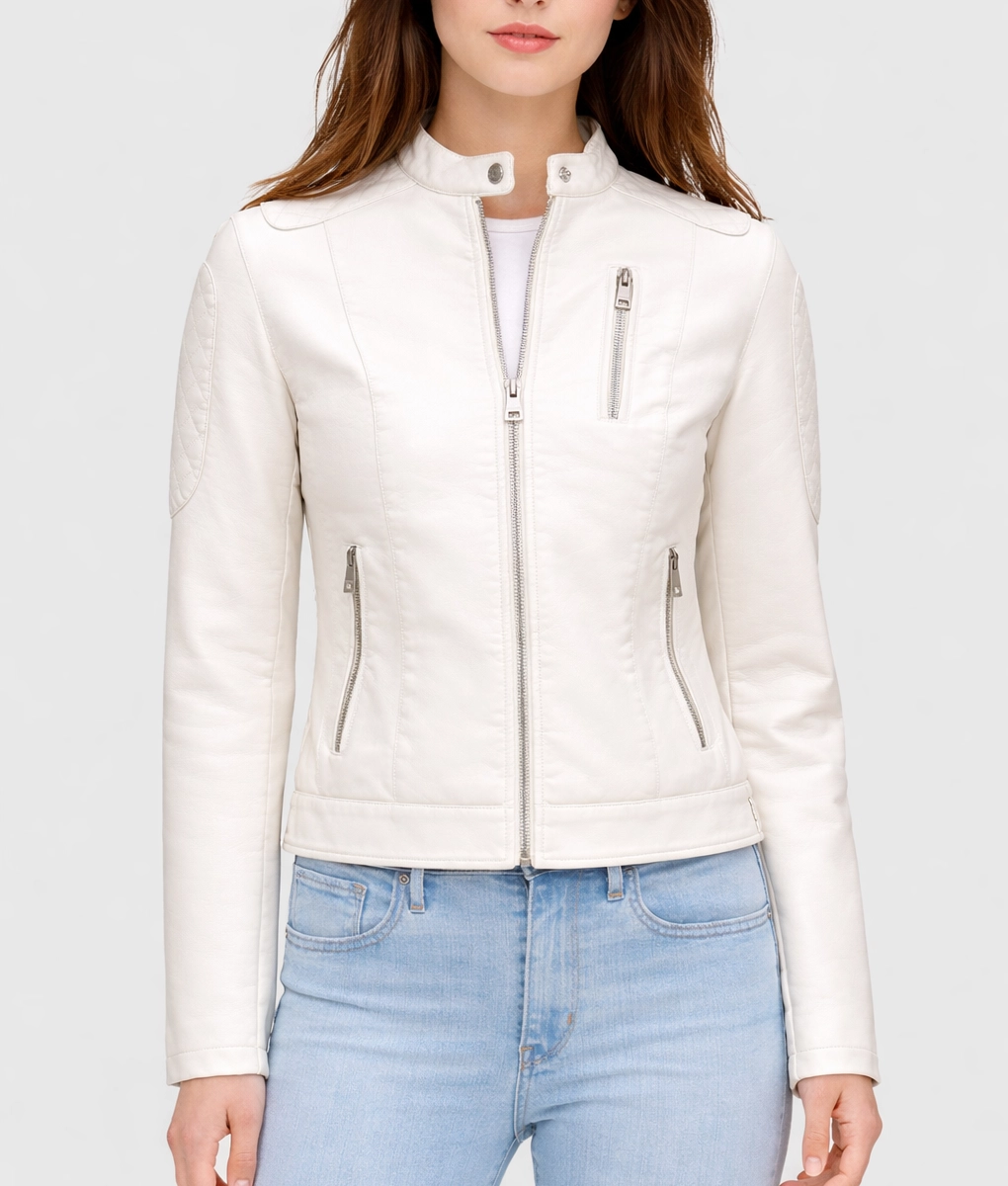 Emma White Quilted Moto Cafe Racer Biker Jacket | Women's White Quilted Moto Cafe Racer Biker Jacket-5